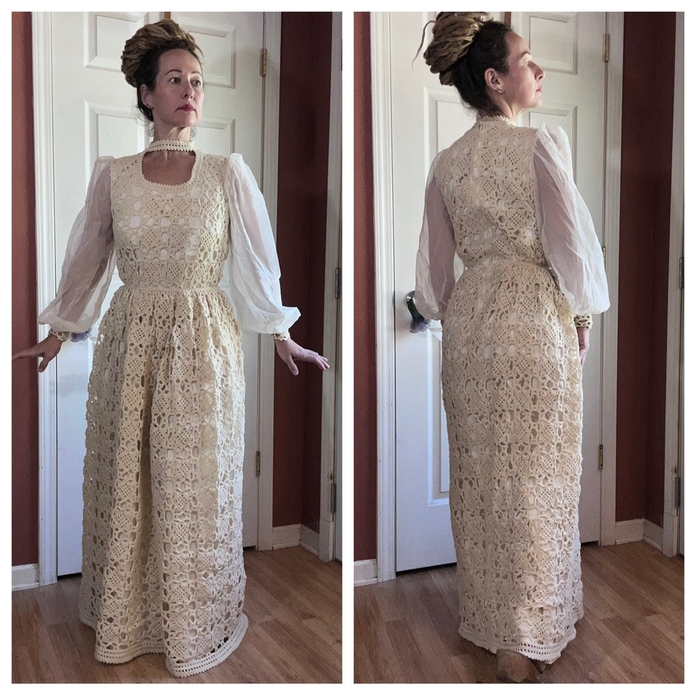 Vintage 60s Handmade Crochet Long Chiffon Sleeve Gown Wedding Prom Evening Dress